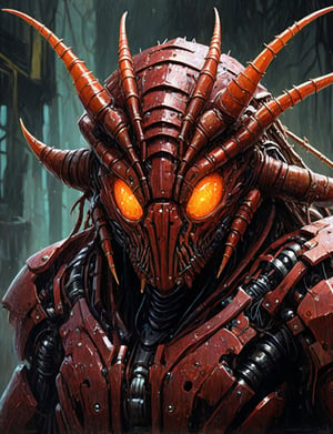 (head and shoulders portrait:1.4), red armored traditional cybernetic centipede with glowing orange eyes, traditional centipede inspired , (2d:1.4), ink (medium), 2D illustration,  detailed  painting, epic comic book art, intricate and intense oil paint, dark sci-fi background, (art by James Gurney and John Berkey :1.4), symmetrical features, triadic color scheme, muted colors, detailed