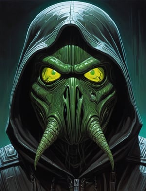 (Close up head and shoulders portrait :1.4), hooded Death Trooper (Cthulhu duck:1.2) , super villain, uranium, glass, poison death, earth shattering ,dark and disturbing, shadow, webs , glowing triadic colors , 2D illustration,  detailed  painting, epic comic book art, intricate and intense oil paint (art by Syd Mead:1.2), symmetrical features, triadic color scheme, muted colors, detailed, (art by bruce mccall:1.6)