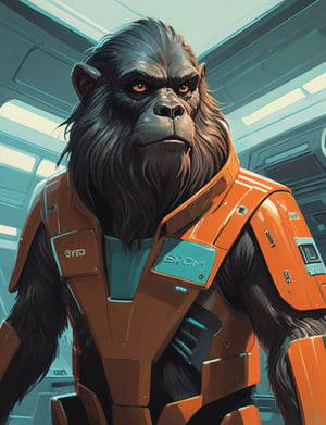 close up, head and shoulders portrait, anthropomorphic dog "male space sasquatch" (art by Syd Mead:1.8), ship interrior, solar punk, tangerine and teal, cold color palette, muted colors, detailed, 8k