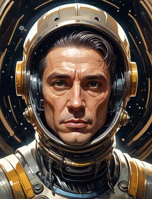(head and shoulders portrait:1.4), 1920s sci-fi , (retro space theme:1.5) , (2d:1.4), ink (medium), 2D illustration,  detailed  painting, epic comic book art, intricate and intense oil paint, dark sci-fi background, (art by Loish, Leyendecker, james gilleard :1.4), symmetrical features, triadic color scheme, muted colors, detailed