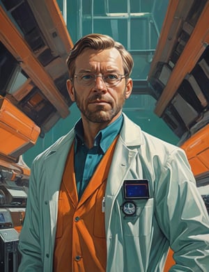 Head and shoulders portrait, "male space engineer wearing lab coat" (art by Syd Mead:1.8), high tech lab, solar punk, tangerine and teal, cold color palette, muted colors, detailed, 8k