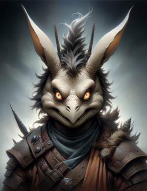 Close up, head and shoulders portrait, single anthropomorphic male Hybrid creature (turtle :1.5) fused with (wolpertinger:2.6), (dragon mask:1.2), horns on top of head , warrior, glowing eyes, symmetrical features, (leather armor1.5) , (oil painting:2), thin and smooth lines, long strokes, light and delicate tones, clear contours, cinematic quality, dark background, dramatic lighting, art by Jeremy Mann, Peter Elson, Alex Maleev, Ryohei Hase, Raphael Sanzio, Pino Daheny, Charlie Bowater, Albert Joseph Penot, Ray Caesar, highly detailed, hr giger, gustave dore, Stephen Gammell, masterpiece of layered portrait art, techniques used: sfumato, chiaroscuro, atmospheric perspective, oil paint , esao andrews, oil painting ,style, concept