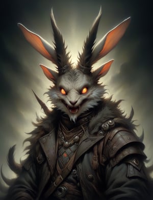 Close up, head and shoulders portrait, single anthropomorphic male Hybrid creature (enchinda :1.5) fused with (wolpertinger:2.6), (dragon mask:1.2), ram horns on top of head , warrior, glowing eyes, symmetrical features, (leather armor1.5) , (oil painting:2), thin and smooth lines, long strokes, light and delicate tones, clear contours, cinematic quality, dark background, dramatic lighting, art by Jeremy Mann, Peter Elson, Alex Maleev, Ryohei Hase, Raphael Sanzio, Pino Daheny, Charlie Bowater, Albert Joseph Penot, Ray Caesar, highly detailed, hr giger, gustave dore, Stephen Gammell, masterpiece of layered portrait art, techniques used: sfumato, chiaroscuro, atmospheric perspective, oil paint , esao andrews, oil painting ,style, concept