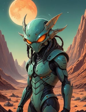 waist-up "scorpion alien" by Syd Mead, alien desert planet, glowing eyes, solar punk, tangerine and teal cold color palette, muted colors, detailed, 8k