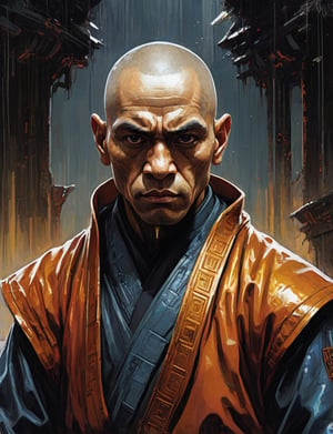 (head and shoulders portrait:1.5), (monk :1.1), wearing martial arts uniform , (2d:1.4), ink (medium), 2D illustration,  detailed  painting, epic comic book art, intricate and intense oil paint, dark sci-fi background, (art by James Gurney and John Berkey :1.8), symmetrical features, triadic color scheme, muted colors, detailed