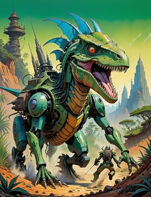 1980s style fantasy.oil painting.jungle scene, dynamic action scene. a large velociraptor monster , rabbit ears , a long body with armored carapace shell and spikes running down its back, biomechanical robot, gears, steam, green chrome, It has an angular-like face with two black eyes and a mouth of jagged teeth and viscous fluid dripping from it. highly detailed, art by Jean Giraud ((Moebius style)), line ink illustration,highly detailed,  ink sketch,ink Draw,Comic Book-Style 2d,2d, pastel colors,anthro