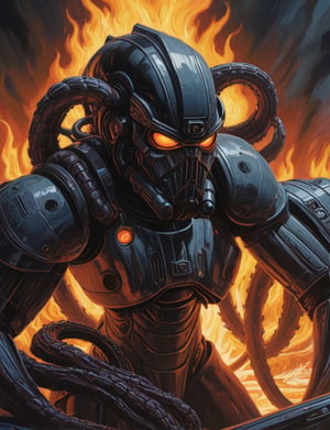 (Close up:1.4), The Shadowflame leviathan stormtrooper wreathed in shadowy flames, its eyes glowing with an eerie light, massive tentacles, 2D illustration,  detailed  painting, epic comic book art, intricate and intense oil paint (art by Syd Mead:1.2), symmetrical features, triadic color scheme, muted colors, detailed, (art by bruce mccall:1.6)