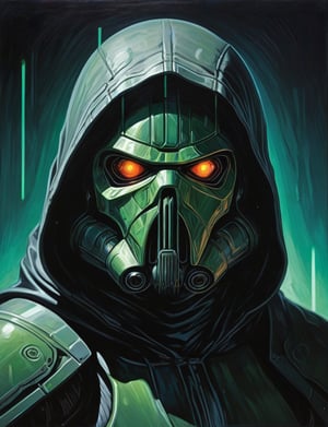 (Close up head and shoulders portrait :1.4), hooded Death Trooper Cthulhu , super villain, uranium, glass, poison death, earth shattering ,dark and disturbing, shadow, webs , glowing triadic colors , 2D illustration,  detailed  painting, epic comic book art, intricate and intense oil paint (art by Syd Mead:1.2), symmetrical features, triadic color scheme, muted colors, detailed, (art by bruce mccall:1.6)