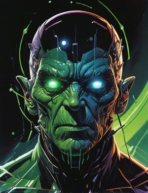 (Close up head and shoulders portrait :1.4), vortex , super villain, uranium, glass, poison death, earth shattering ,dark and disturbing, shadow, webs , glowing triadic colors , 2D illustration,  detailed  painting, epic comic book art, intricate and intense oil paint (art by Syd Mead:1.2), symmetrical features, triadic color scheme, muted colors, detailed, (art by bruce mccall:1.6)