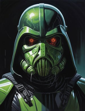 (Close up head and shoulders portrait :1.4), hooded Death Trooper (Cthulhu duck:1.1) , super villain, uranium, glass, poison death, earth shattering ,dark and disturbing, shadow, webs , glowing triadic colors , 2D illustration,  detailed  painting, epic comic book art, intricate and intense oil paint (art by Syd Mead:1.2), symmetrical features, triadic color scheme, muted colors, detailed, (art by bruce mccall:1.6)