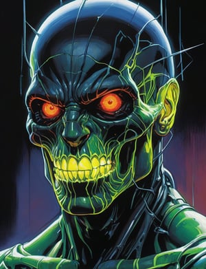 (Close up head and shoulders portrait :1.4), ghoul , super villain, uranium, glass, poison death, earth shattering ,dark and disturbing, shadow, webs , glowing triadic colors , 2D illustration,  detailed  painting, epic comic book art, intricate and intense oil paint (art by Syd Mead:1.2), symmetrical features, triadic color scheme, muted colors, detailed, (art by bruce mccall:1.6)