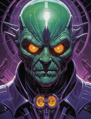 (Close up head and shoulders portrait :1.4), leviathan, super villain, uranium, glass, poison death, earth shattering ,dark and disturbing, shadow, webs , glowing violet, 2D illustration,  detailed  painting, epic comic book art, intricate and intense oil paint (art by Syd Mead:1.2), symmetrical features, triadic color scheme, muted colors, detailed, (art by bruce mccall:1.6)