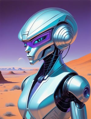 waist-up "silver robot" by Syd Mead, alien desert planet, glowing eyes, solar punk, violet and teal cold color palette, muted colors, detailed, 8k