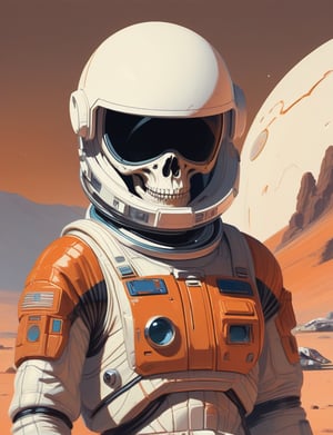 waist-up "astronaut skull" by Syd Mead, alien desert planet, broken helmet tangerine cold color palette, muted colors, detailed, 8k