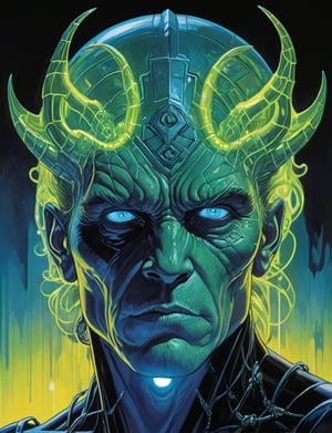 (Close up head and shoulders portrait :1.4), gorgon , super villain, uranium, glass, poison death, earth shattering ,dark and disturbing, shadow, webs , glowing azure , 2D illustration,  detailed  painting, epic comic book art, intricate and intense oil paint (art by Syd Mead:1.2), symmetrical features, triadic color scheme, muted colors, detailed, (art by bruce mccall:1.6)