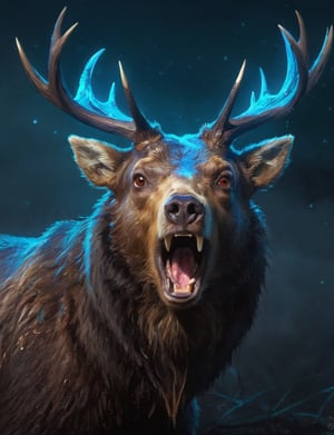 chimera (elk:1.1) merge (bear:1.7) combo | large ears | long snout | dark background setting | roaring | bioluminesence | glowing eyes | stunning detail, (close up:2), creative, (detailed digital painting:3),  deep color, fantastical, intricate detail, splash screen, complementary colors, fantasy concept art, 8k resolution trending on Artstation Unreal Engine 5, detailed, masterpiece,oil painting