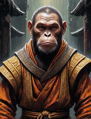 (head and shoulders portrait:1.5), (ape monk :1.1), wearing martial arts uniform , (2d:1.4), ink (medium), 2D illustration,  detailed  painting, epic comic book art, intricate and intense oil paint, dark sci-fi background, (art by James Gurney and John Berkey :1.8), symmetrical features, triadic color scheme, muted colors, detailed