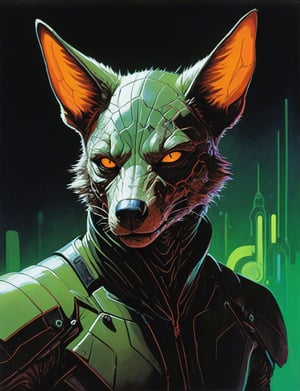 (Close up head and shoulders portrait :1.4), jackal , super villain, uranium, glass, poison death, earth shattering ,dark and disturbing, shadow, webs , glowing triadic colors , 2D illustration,  detailed  painting, epic comic book art, intricate and intense oil paint (art by Syd Mead:1.2), symmetrical features, triadic color scheme, muted colors, detailed, (art by bruce mccall:1.6)