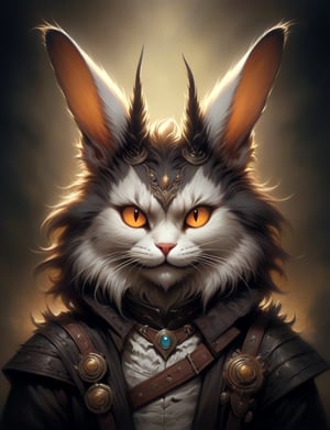 Close up, head and shoulders portrait, single anthropomorphic male Hybrid creature (maine coon cat:1.5) fused with (wolpertinger:2.6), (dragon mask:1.2), horns , samaurai, glowing eyes, symmetrical features, (leather armor1.5) , (oil painting:2), thin and smooth lines, long strokes, light and delicate tones, clear contours, cinematic quality, dark background, dramatic lighting, art by Jeremy Mann, Peter Elson, Alex Maleev, Ryohei Hase, Raphael Sanzio, Pino Daheny, Charlie Bowater, Albert Joseph Penot, Ray Caesar, highly detailed, hr giger, gustave dore, Stephen Gammell, masterpiece of layered portrait art, techniques used: sfumato, chiaroscuro, atmospheric perspective, oil paint , esao andrews, oil painting ,style, concept