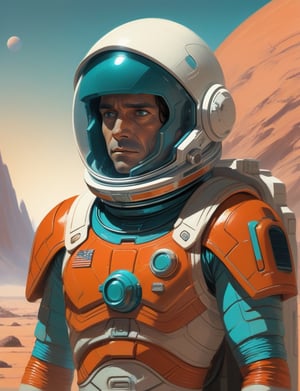 waist-up "john carter of mars astronaut" by Syd Mead, alien desert planet, helmet, solar punk, tangerine and teal cold color palette, muted colors, detailed, 8k