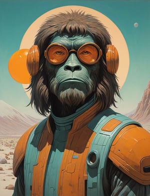 Head and shoulders portrait, "space sasquatch" by Syd Mead, alien desert planet, glowing eyes, solar punk, tangerine and teal cold color palette, muted colors, detailed, 8k,in the style of kazimir malevich