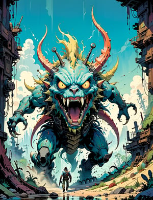1980s style fantasy.oil painting.jungle scene, dynamic action scene. a large cat monster , rabbit ears , the monster stands on multiple legs and has a long body with armored carapace shell and spikes running down its back, biomechanical robot, gears, steam, blue chrome, It has an angular-like face with two black eyes and a mouth of jagged teeth and viscous fluid dripping from it. highly detailed, art by Jean Giraud ((Moebius style)), line ink illustration,highly detailed,  ink sketch,ink Draw,Comic Book-Style 2d,2d, pastel colors