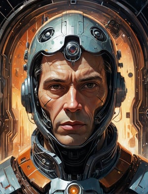 (head and shoulders portrait:1.4), 1920s sci-fi , (retro space theme:1.5) , (2d:1.4), ink (medium), 2D illustration,  detailed  painting, epic comic book art, intricate and intense oil paint, dark sci-fi background, (art by Loish, Leyendecker, james gilleard, James Gurne, John Berkey :1.4), symmetrical features, triadic color scheme, muted colors, detailed