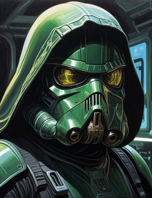 (Close up head and shoulders portrait :1.4), hooded Death Trooper Cthulhu duck , super villain, uranium, glass, poison death, earth shattering ,dark and disturbing, shadow, webs , glowing triadic colors , 2D illustration,  detailed  painting, epic comic book art, intricate and intense oil paint (art by Syd Mead:1.2), symmetrical features, triadic color scheme, muted colors, detailed, (art by bruce mccall:1.6)