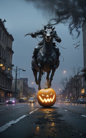 Capture an extraordinary scene as a one headless horseman crosses a road with an awe-inspiring leap over a car that was driving too fast.. This heart-pounding moment showcases the horseman's remarkable skill, as he and his steed soar through the air, defying all expectations.,Jack o 'Lantern,DonMD3m0nsXL 