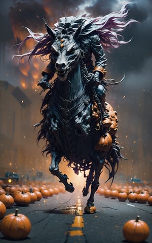 Capture an extraordinary scene as a one headless horseman crosses a road with an awe-inspiring leap over a car that was driving too fast.. This heart-pounding moment showcases the horseman's remarkable skill, as he and his steed soar through the air, defying all expectations.,Jack o 'Lantern,DonMD3m0nsXL 
