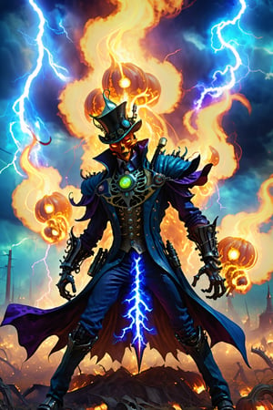 powerfull dark fox projecting dark blue flames of energy anime, 8K RESOLUTION, SORCERER HUMANOID MALE PRINCE of darkness CONQUERING in battlefield, blue infernal flames AND SPARKS in backgRound, , APOCALYPSE, COLORFUL, Intricate, Elegant, Digital Illustration, Scenic, Hyper-Detailed, 8k, THUNDER-STORM,steampunk style,steampunk,h4l0w3n5l0w5tyl3DonML1gh7,HellAI