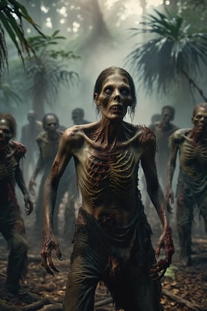 (highly detailed close photography), cinematic colors, texture, film grain, (steamy,gloomy jungle:1.2), ((rotten and decayed zombies:1.3)) lots of fog, intricate, scary atmosphere, dark vibes, gloomy, hyper detailed, vibrant colours, epic composition, official art, unity 8k wallpaper, ultra detailed, masterpiece, best ,HellAI