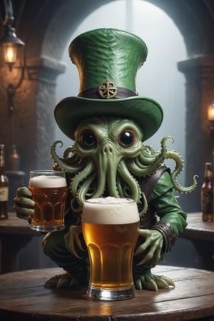 Cinematic poster, horroristic, creepy looking cute (Baby Squid with a vibrant green Saint Patrick’s top hat hat),  (tentacles:1.4), holding a glas of beer in one tentacle, in a pub Cthulhu mythos, Lovecraftain horror, (masterpiece:1.2), best quality, vibrant colors (highly detailed digital painting:1.2), (fantastic comic book style:1.3), 8k, (detailed face), photorealistic, (reflections), realistic, real shadow, octane render, 3d, (medieval atmosphere), (by Michelangelo),photo r3al,Movie Still,r4w photo,ral-chrcrts,detailmaster2,HellAI,fire