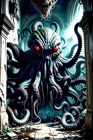 hyper-detailed,  photorealistic, ultra photoreal, cinematic shading Lovecraftian monster with tentacles standing in an abandoned, old, deteriorating mansion with lots of spiderwebs, scary atmosphere --ar2:3   , 