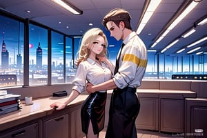 4k, ultra hd, ultra detailed characters, realistic characters hard shadows, mixed cozy and white lights, night charming, night lights romantic ambience, giant luxury office lobby interior with impressive cityscape view of futuristic city from panoramic windows, floor to ceiling windows, chic couple standing for the picture, medium blonde hair secretary, short dark brown hair executive man, them both looking at me, she's wearing black leather long skirt and white cotton shirt, he is rich corporation CEO's style,Movie Still,light,aesthetic portrait,jaeggernawt