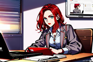 (hyperrealistic:1.2)),  ((front view)),  masterpiece,  best quality,  8k,  photo of a (( female with red hair secretary sitting behind her desk:1.3)),  talking with a (bad looking  businessman) that wearing a ((dark grey jacket:1.4)), he is well shaved, ((desk between them)),  ((both see a laptop:1.3)), office environment,  perfectfingers,  detailed skin,  perfect eyes,jaeggernawt