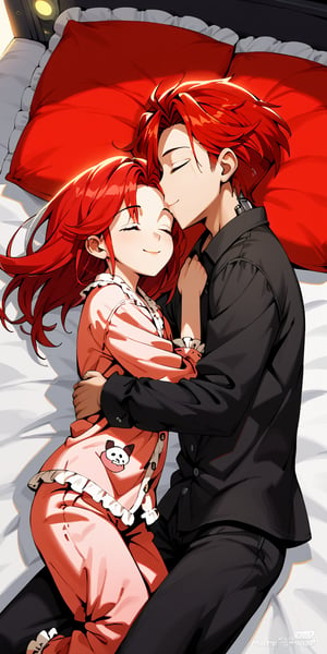 wpega,,Woman(red girl hair) and man (black man hair)sleeping embraced,sleeping, smile ,(closed eyes),hug,pajamas ,bed time,, ,Kiss of Cyborg,jaeggernawt