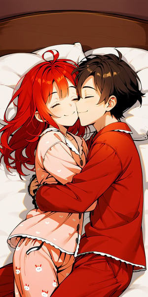 wpega,,Woman(red girl hair) and man (black man hair)sleeping embraced,sleeping, smile ,(closed eyes),hug,pajamas,jaeggernawt