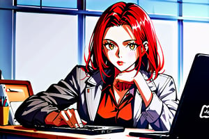 (hyperrealistic:1.2)),  ((front view)),  masterpiece,  best quality,  8k,  photo of a (( female with red hair secretary sitting behind her desk:1.3)),  talking with a (bad looking  businessman) that wearing a ((dark grey jacket:1.4)), he is well shaved, ((desk between them)),  ((both see a laptop:1.3)), office environment,  perfectfingers,  detailed skin,  perfect eyes,jaeggernawt