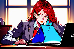 (hyperrealistic:1.2)),  ((front view)),  masterpiece,  best quality,  8k,  photo of a (( female with red hair secretary sitting behind her desk:1.3)),  talking with a (bad looking  businessman) that wearing a ((dark grey jacket:1.4)), he is well shaved, ((desk between them)),  ((both see a laptop:1.3)), office environment,  perfectfingers,  detailed skin,  perfect eyes,