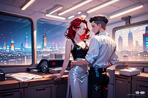 4k, ultra hd, ultra detailed characters, realistic characters hard shadows, mixed cozy and white lights, night charming, night lights romantic ambience, giant luxury office lobby interior with impressive cityscape view of futuristic city from panoramic windows, floor to ceiling windows, chic couple standing for the picture, medium red hair secretary, short black hair executive man, them both looking at me, she's wearing black leather long skirt and white cotton shirt, he is rich corporation CEO's style,Movie Still,light,aesthetic portrait,jaeggernawt