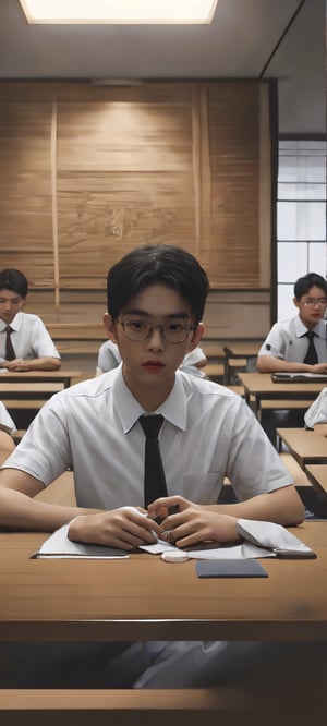 all boys, 13 years old boy, handsome, cute, white pale skin tone, Japanese Indonesian Chinese Korean boy look, glasses, white collar shirt short sleeve, blue necktie, arms on table, seriously, focused, look at viewer, studying at classroom, writing book, book on desk, blackboard at background, blue classroom wall, white ceiling, morning soft lighting, masterpiece, best quality, 8k uhd, dslr, film grain, Fujifilm XT3 photorealistic painting art by midjourney and greg rutkowski