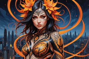 A captivating hyper-realistic painting, from Fedya's wild imagination, of a mesmerizing, fiery transparent girl adorned with vertical floral spiral stripes and intricate zentangle patterns. The flame-inspired figure radiates warmth against a night city backdrop, with geometric lines and Fedya design elements. The entire body is highlighted by bold black stripes, mixing elements of geometric lines, cubism, painting and 3D rendering techniques to create a stunning, multifaceted masterpiece., 3d rendering, illustration, painting