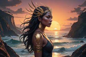 A mesmerizing ultra HD dual exposure artwork by Fedya, skillfully combining the silhouette of a mythical goddess with a sunset coastline. The goddess, adorned with sharp and clear lines, is seamlessly integrated into the coastal landscape, her features and loose hair reflecting the hues of the setting sun. The monochrome background highlights the vivid, full-color details of the goddess and the shore, creating a breathtaking blend of nature and mythology. The cinematic, conceptual illustration evokes a deep sense of awe and wonder, transporting the viewer into a realm of mystery and beauty., illustration, cinematic, concept art, 3D visualization
