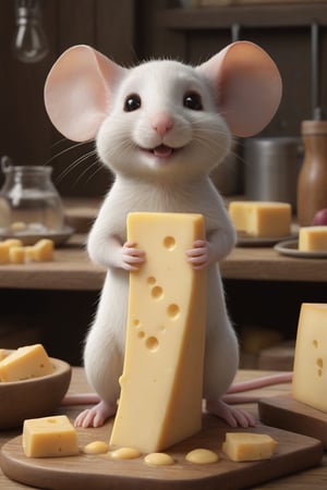 Stunningly detailed, hyper-realistic anthropomorphic mouse cheese maker rendered in a high quality 16K UHD masterpiece. The mouse, with a chibi style design, wears an adorable smile and has a cute, graceful face. The cartoon-like illustration features an emotionally charged scene in the background, where a themed environment shows the challenges and triumphs of a cheesemaking journey. The picture was shot in RAW format, which further enhances the dynamic plot and ultra-realistic details.

