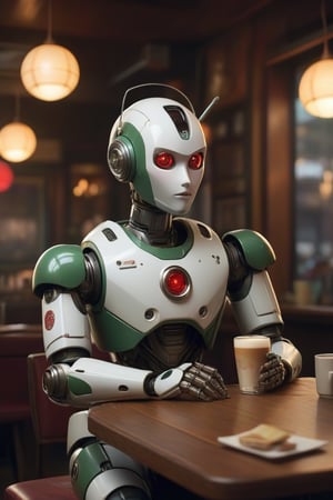 Fascinating, hyper-realistic digital artwork by Fedya Serafiev of a scene of a metal humanoid robot sitting in a dimly lit retro-themed pub. The robot, decked out in striking white, green and red armor, holds a cup of warm, aromatic coffee. The backdrop reveals a warm and welcoming atmosphere, with lanterns casting soft light and other patrons enjoying the evening. The overall mood is a mix of futuristic and nostalgic, creating a unique and captivating setting.