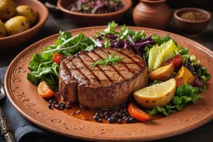 Large pork neck steak, in baked potatoes with spices. On the sides with an amazing looking salad. In a terracotta plate, sharp focus, studio shot, intricate details, extremely detailed, by Fedya Serafiev.