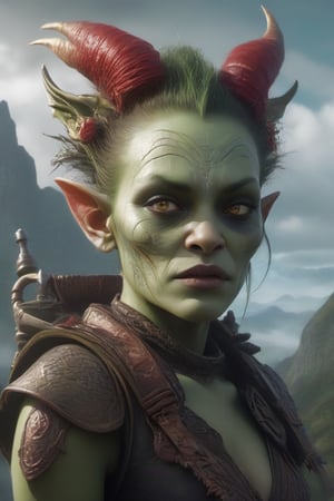 A stunning digital illustration of a female goblin, straight from the depths of Fantomas' imagination. The goblin is rendered in intricate detail, showcasing her scaly, green skin, sharp teeth, and piercing red eyes. She wears an elaborate hairstyle adorned with bones and carries a menacing staff. The background is a chaotic, dark and mystical landscape with towering mountains, twisted trees and swirling clouds. The overall atmosphere is both eerie and alluring, inviting the viewer to dive deeper into the fantasy world of Fantomas.