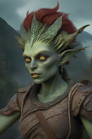 A stunning digital illustration of a female goblin, straight from the depths of Fantomas' imagination. The goblin is rendered in intricate detail, showcasing her scaly, green skin, sharp teeth, and piercing red eyes. She wears an elaborate hairstyle adorned with bones and carries a menacing staff. The background is a chaotic, dark and mystical landscape with towering mountains, twisted trees and swirling clouds. The overall atmosphere is both eerie and alluring, inviting the viewer to dive deeper into the fantasy world of Fantomas.,alien