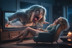 An exciting photo of a woman watching television, unaware of the impending danger. Suddenly, a zombie jumps out of the screen and terrifies the woman.

